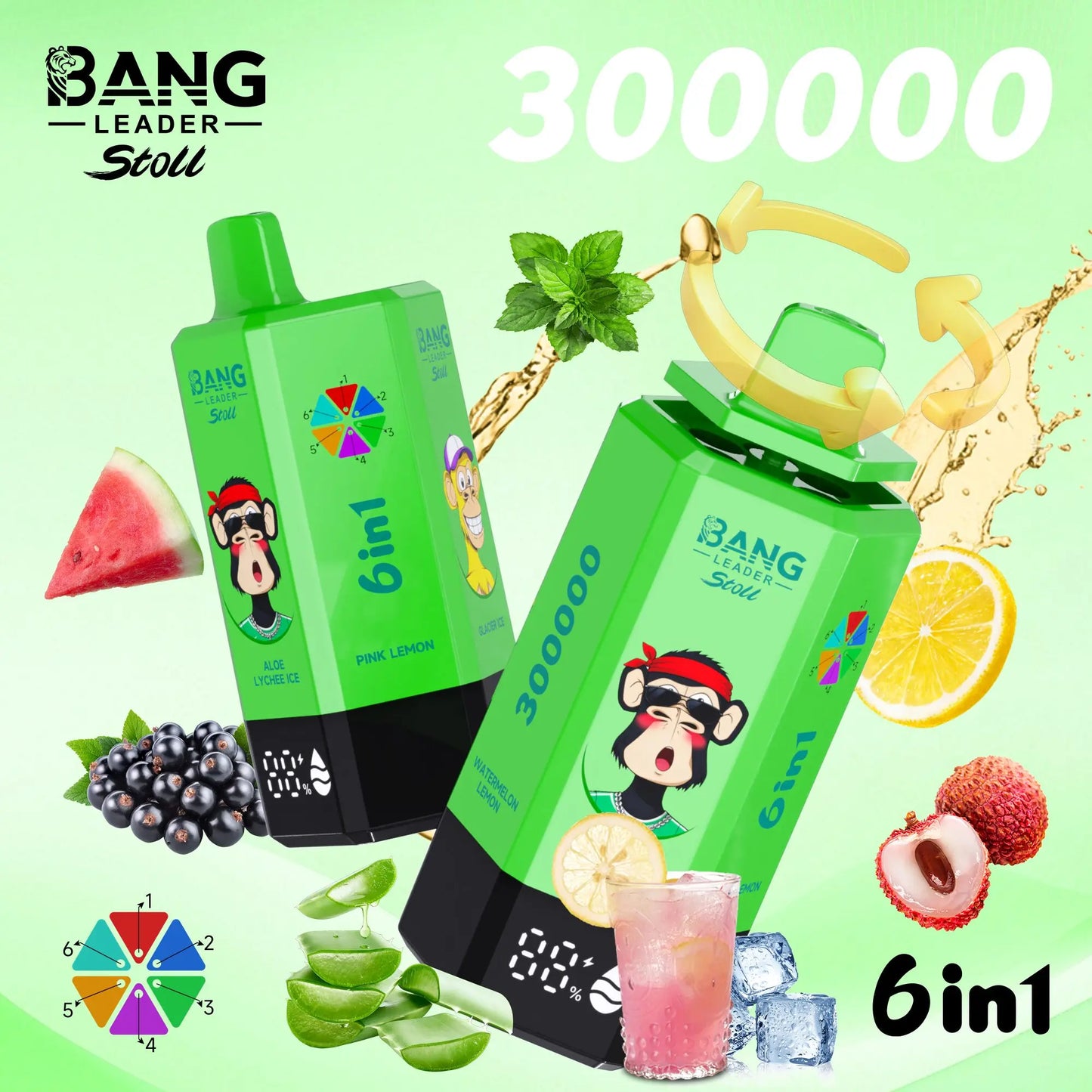 Bang Leader 300K 300000 Puffs 6-in-1 Flavors Rechargeable LED Display Disposable Vape