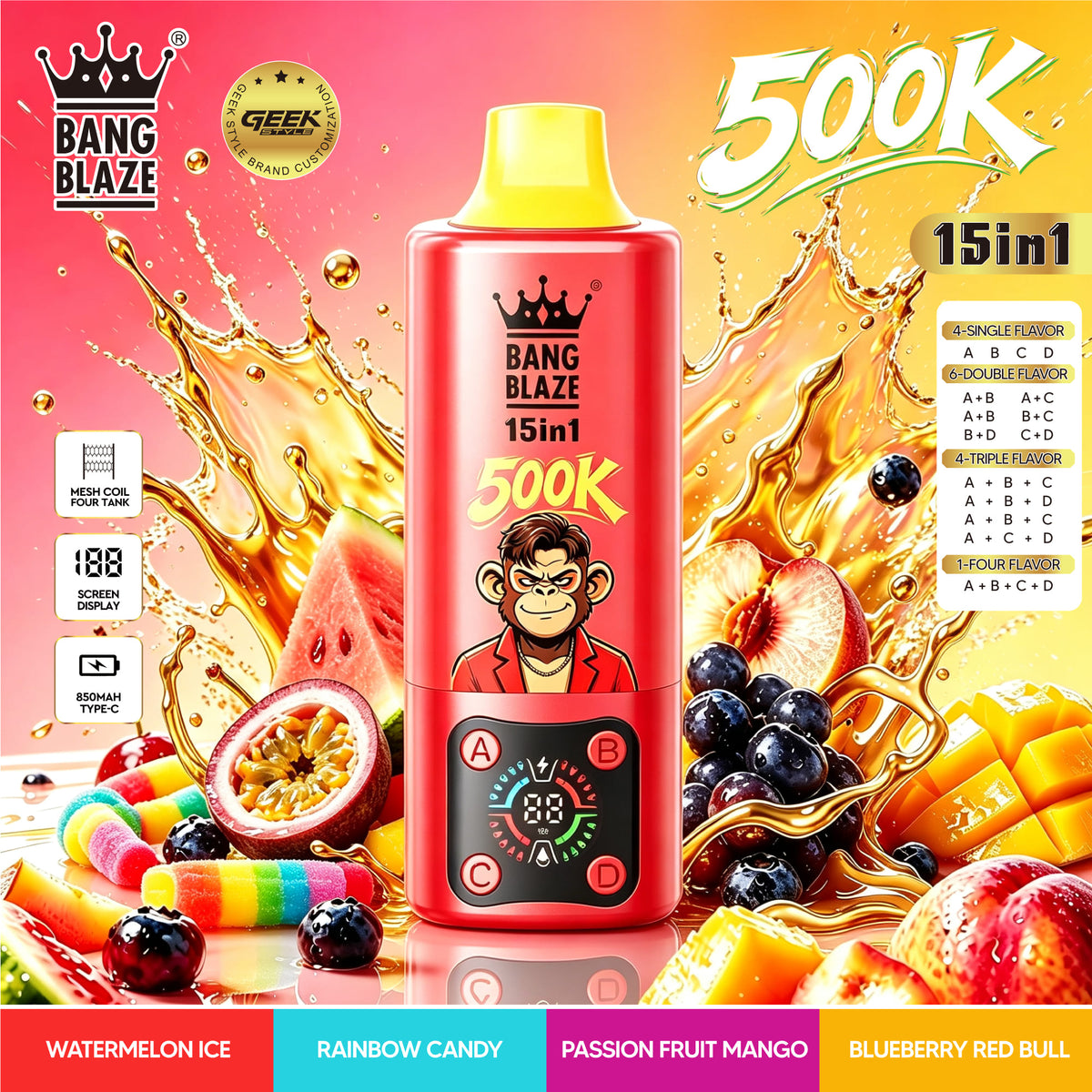 Bang Blaze 500K:15-in-1 Flavors Vape Rechargeable LED Display Disposable E-Cigarette