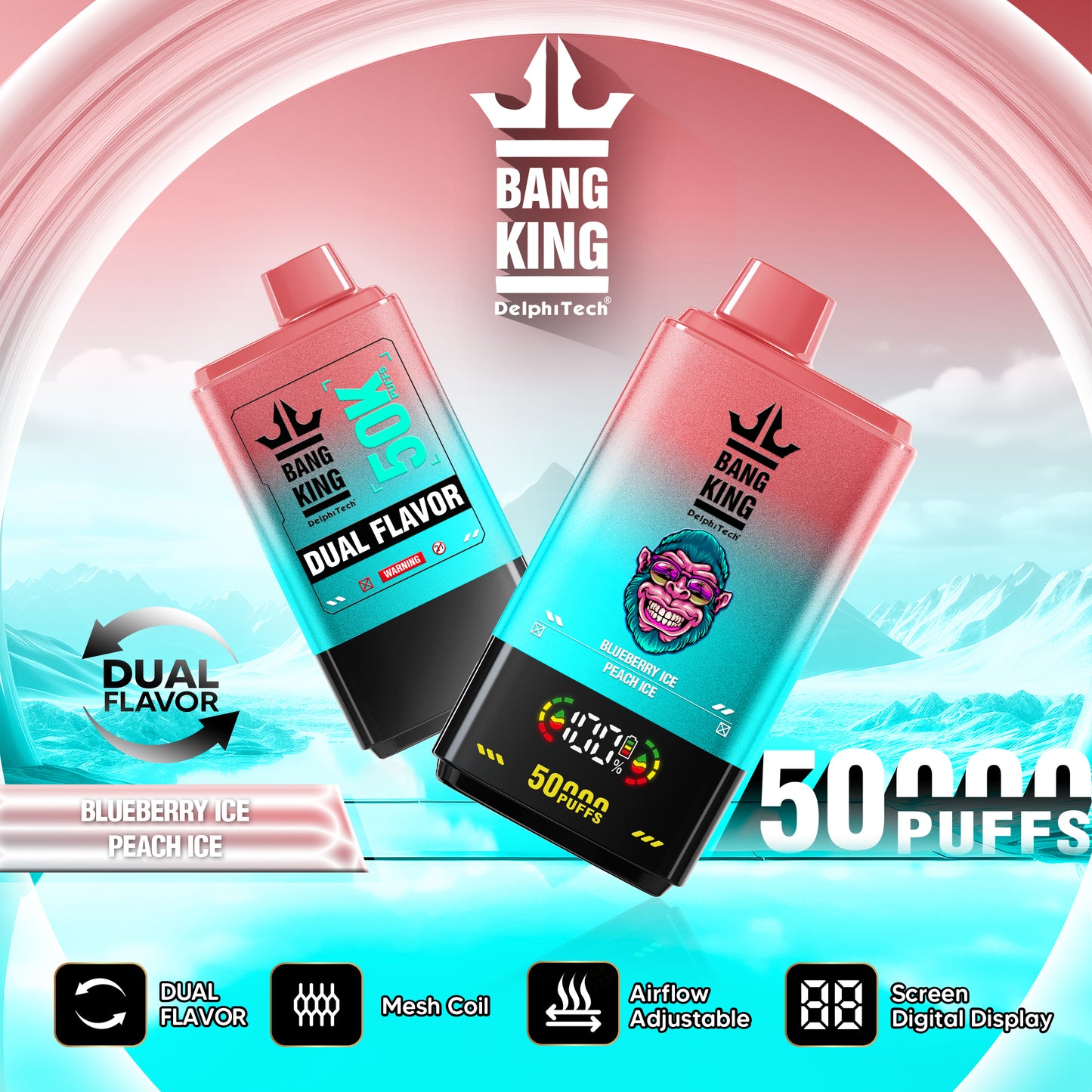 Bang King 50000 50k Puffs 2% 3% 5% Nicotine Double Taste LCD Display Disposable Vape