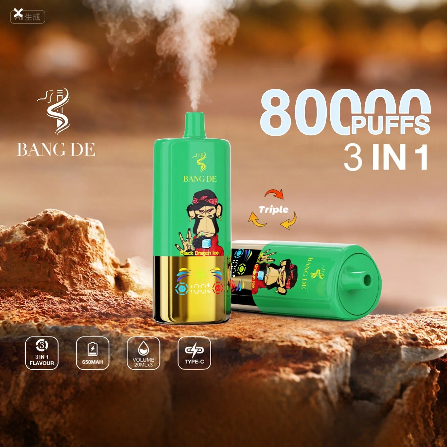 Bang DE 80000 80k Puffs 3 in 1 Flavors Newest Original Rechargeable LCD Display Disposable Vape