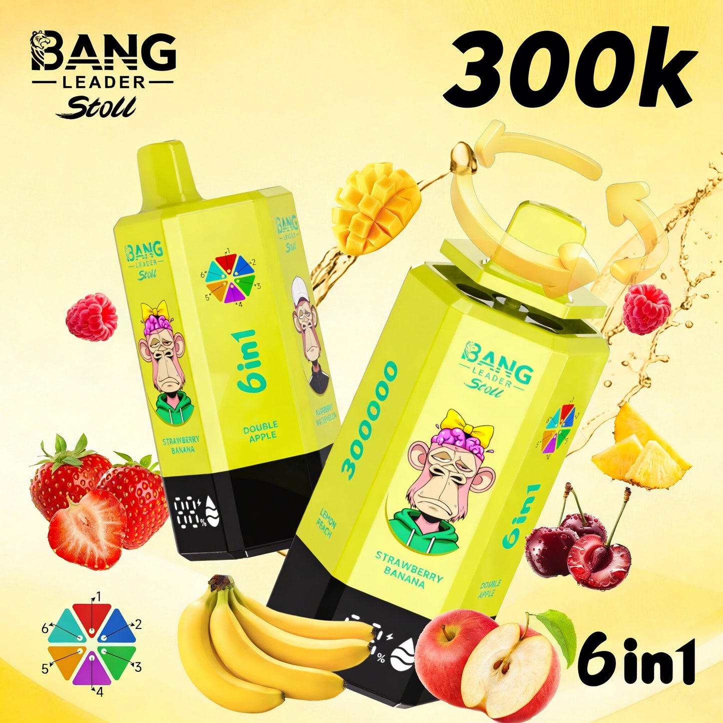 Bang Leader 300K 300000 Puffs 6 in 1 Flavors & 6 oil tanks Rechargeable LCD Display Disposable Vape EU Warehouse