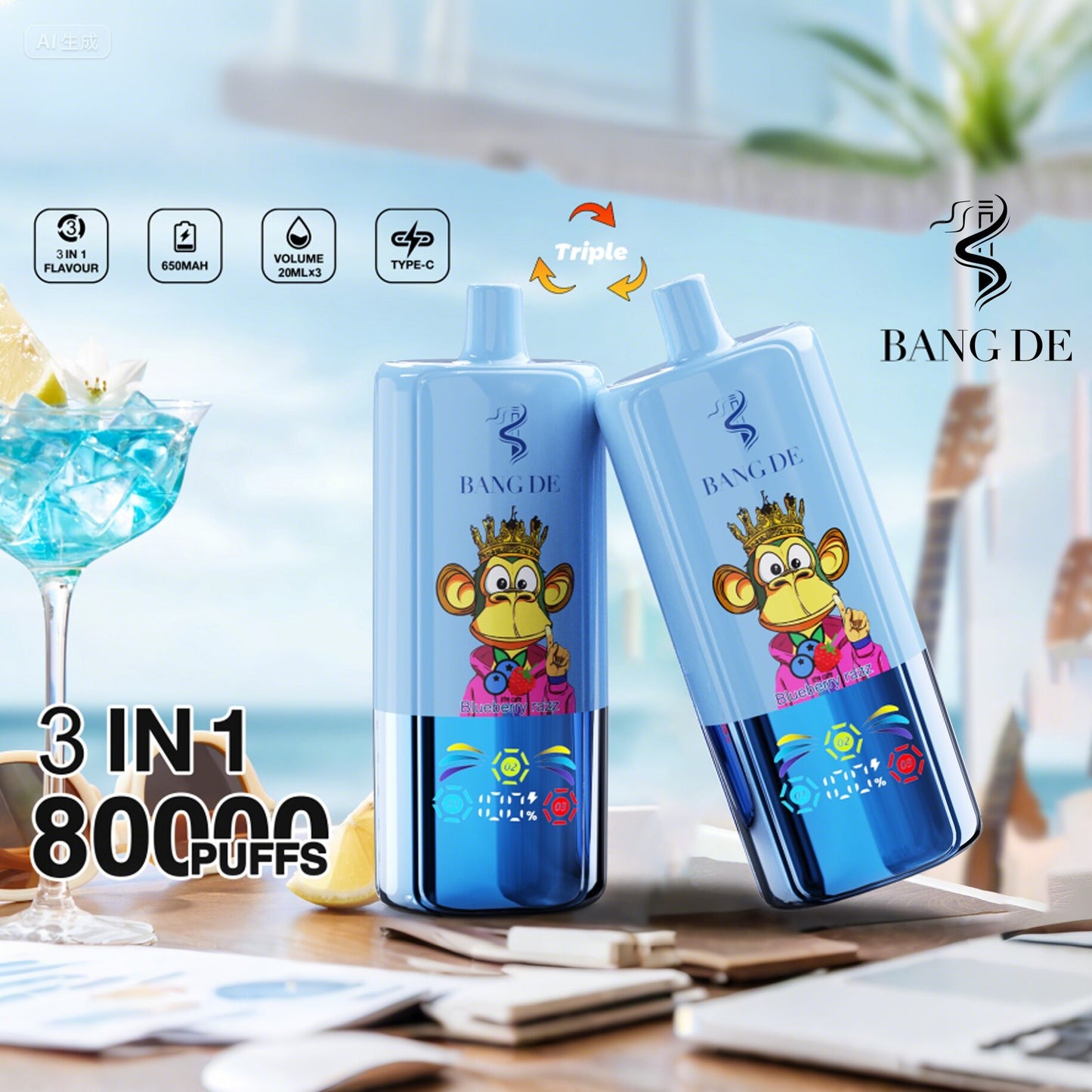 Bang DE 80000 80k Puffs 3 in 1 Flavors Newest Original Rechargeable LCD Display Disposable Vape
