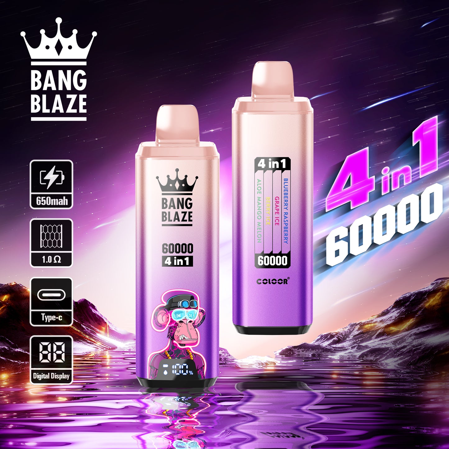 Bang Blaze 60000 60k Puffs 4 in 1 Flavors Newest Original Rechargeable LCD Display Disposable Vape