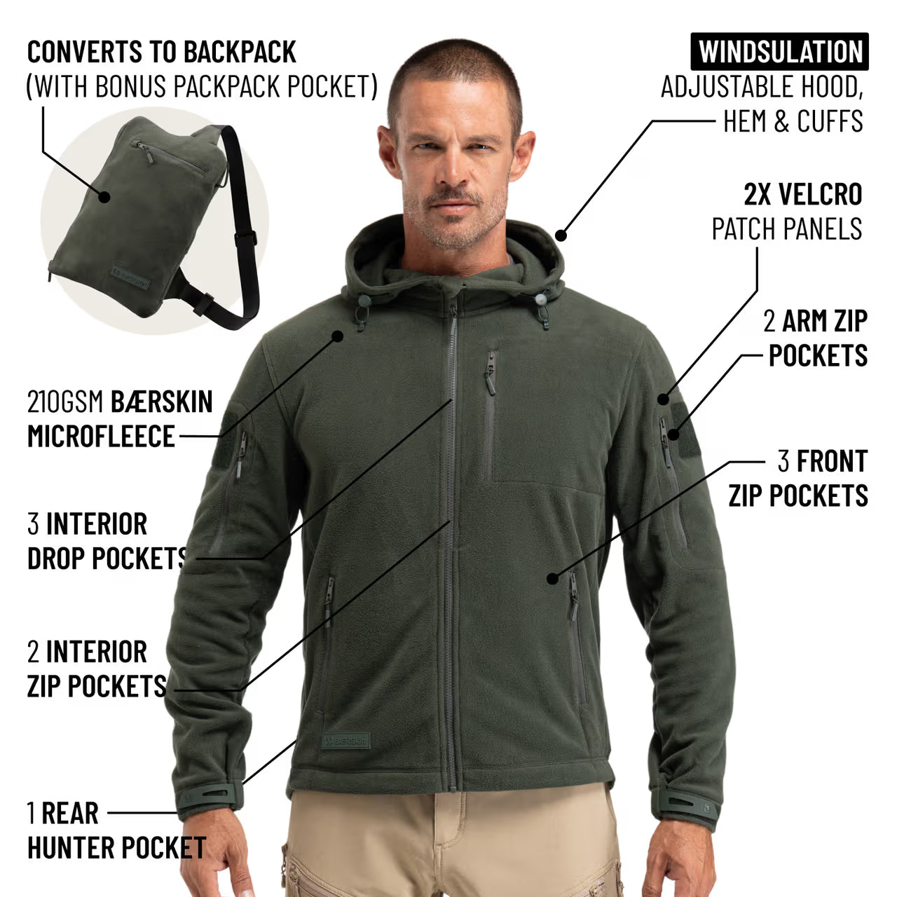 The World's Only Outdoor Hoodie That Becomes Its Own Backpack. 210gsm MicroFleece. 12 Pockets. Stuff It, Strap It, Keep Moving.