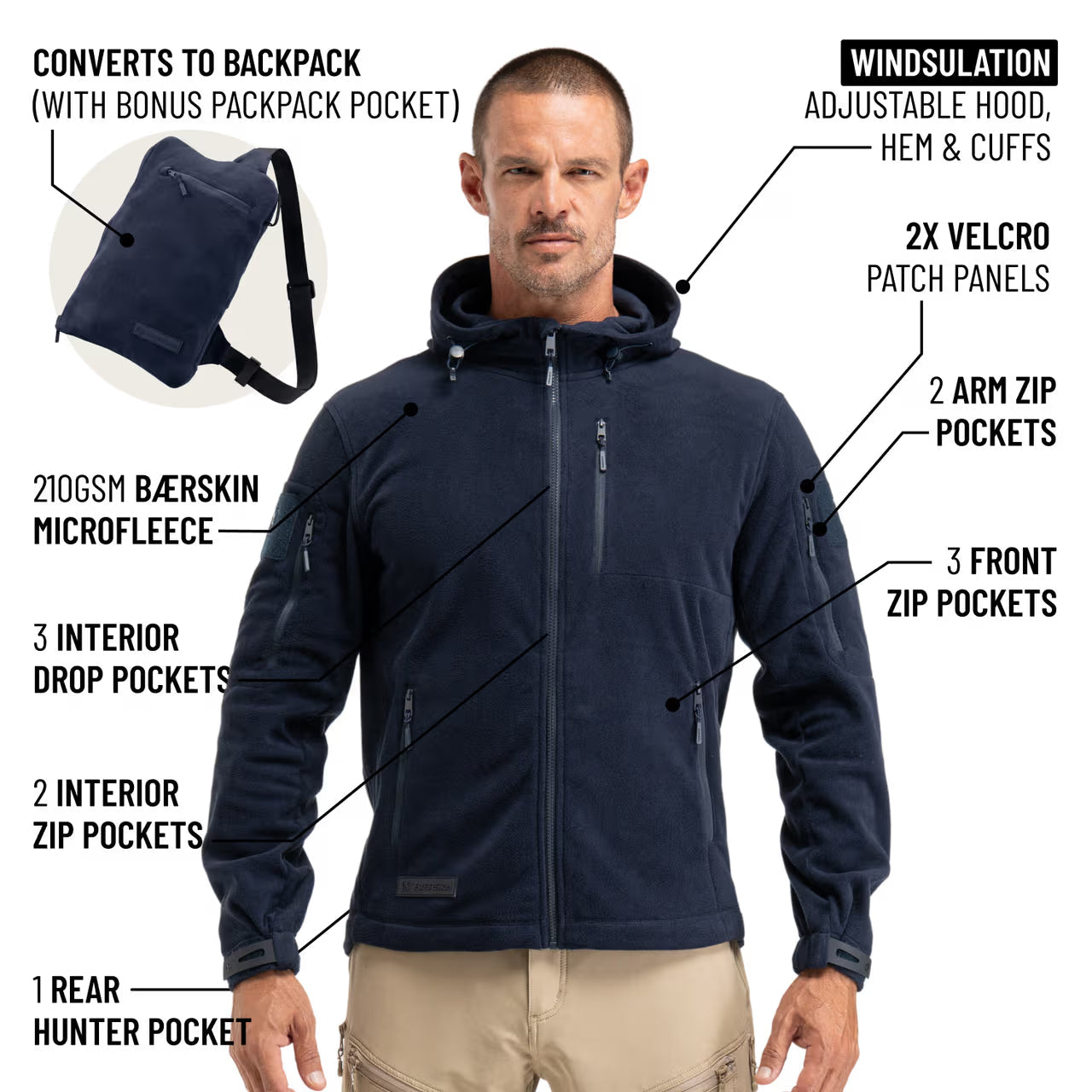 The World's Only Outdoor Hoodie That Becomes Its Own Backpack. 210gsm MicroFleece. 12 Pockets. Stuff It, Strap It, Keep Moving.