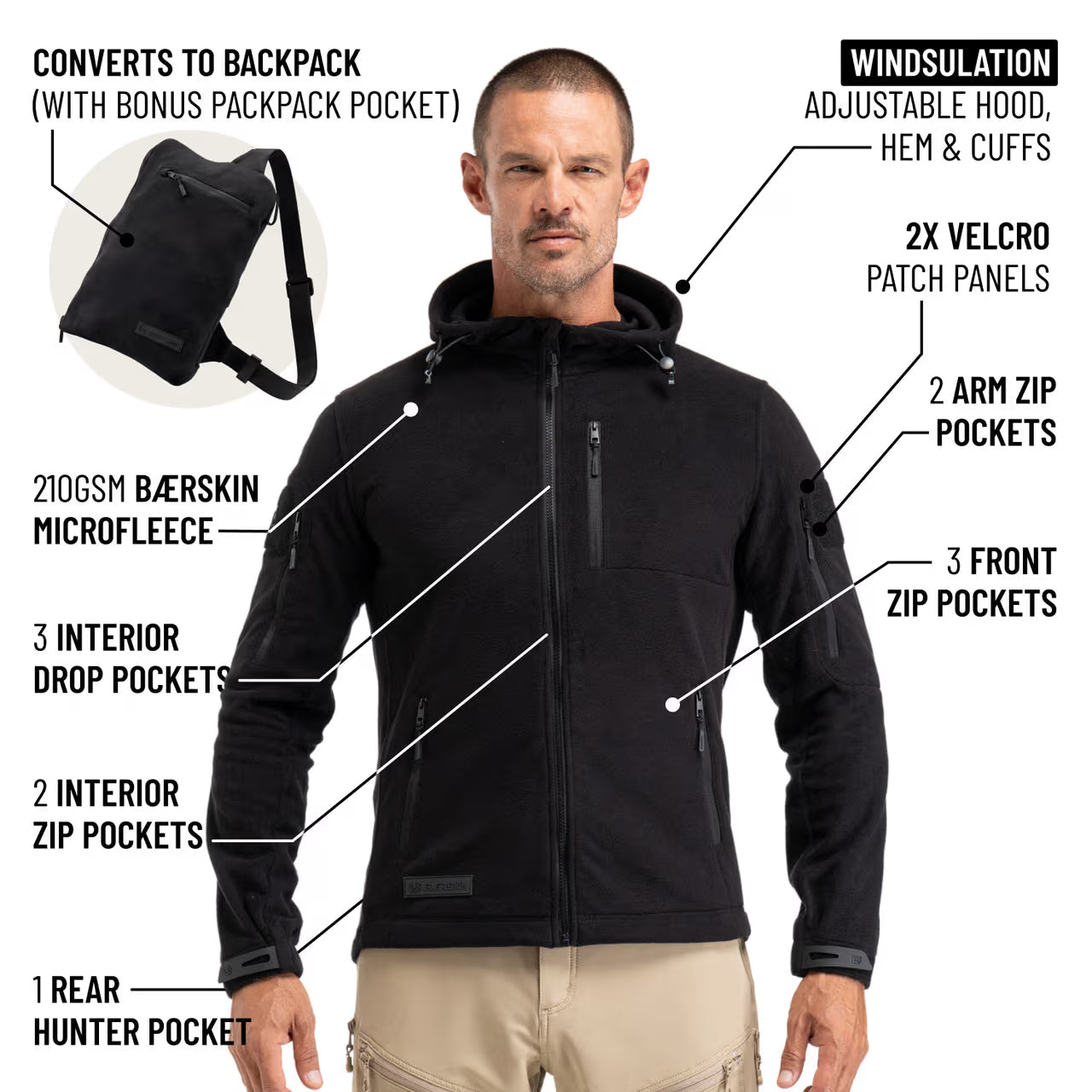 The World's Only Outdoor Hoodie That Becomes Its Own Backpack. 210gsm MicroFleece. 12 Pockets. Stuff It, Strap It, Keep Moving.