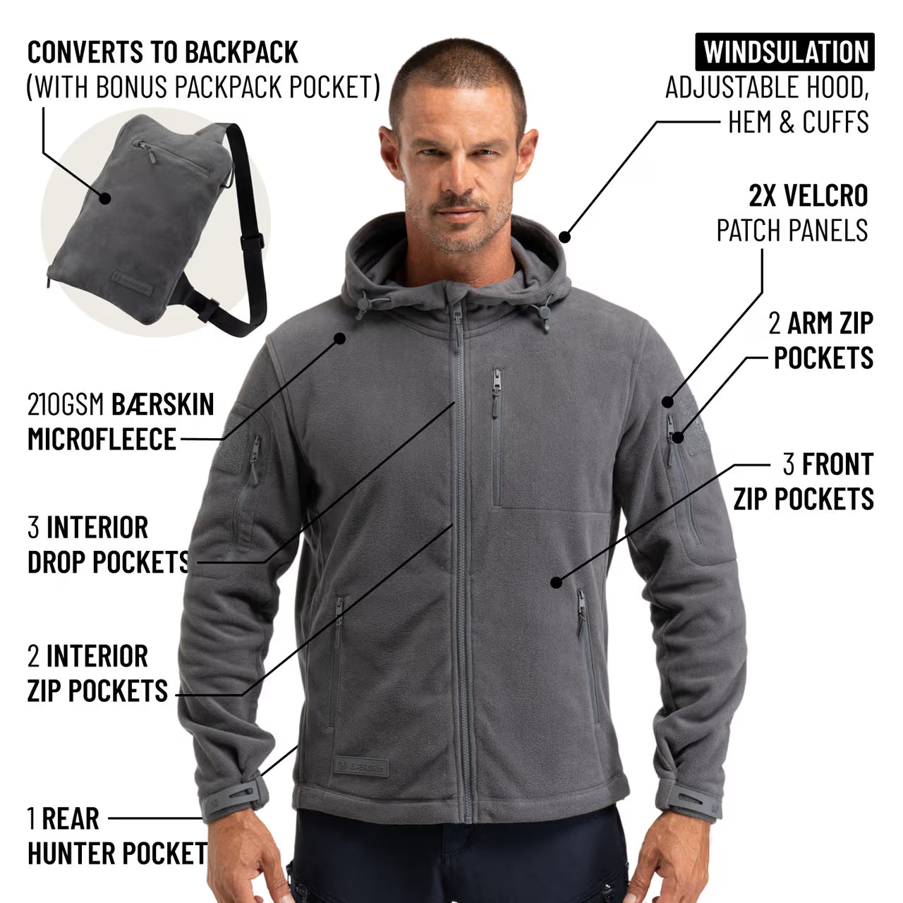 The World's Only Outdoor Hoodie That Becomes Its Own Backpack. 210gsm MicroFleece. 12 Pockets. Stuff It, Strap It, Keep Moving.