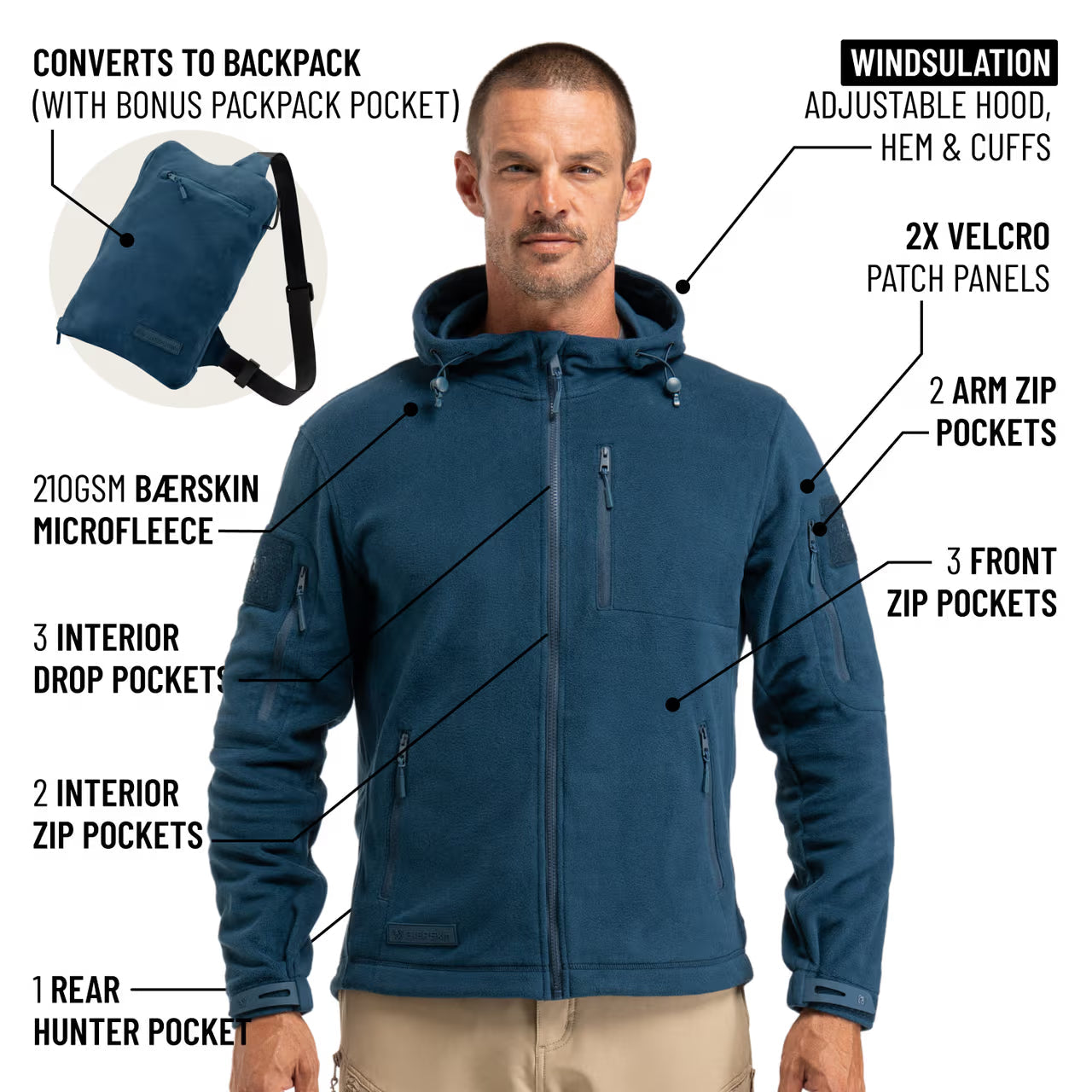 The World's Only Outdoor Hoodie That Becomes Its Own Backpack. 210gsm MicroFleece. 12 Pockets. Stuff It, Strap It, Keep Moving.