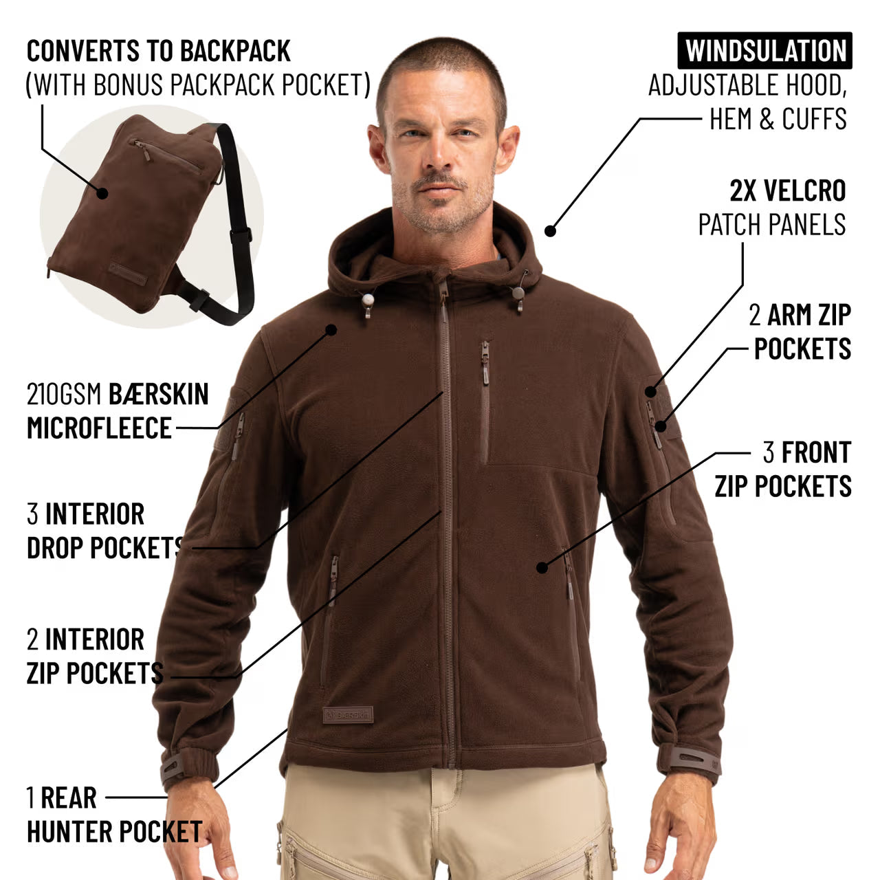 The World's Only Outdoor Hoodie That Becomes Its Own Backpack. 210gsm MicroFleece. 12 Pockets. Stuff It, Strap It, Keep Moving.