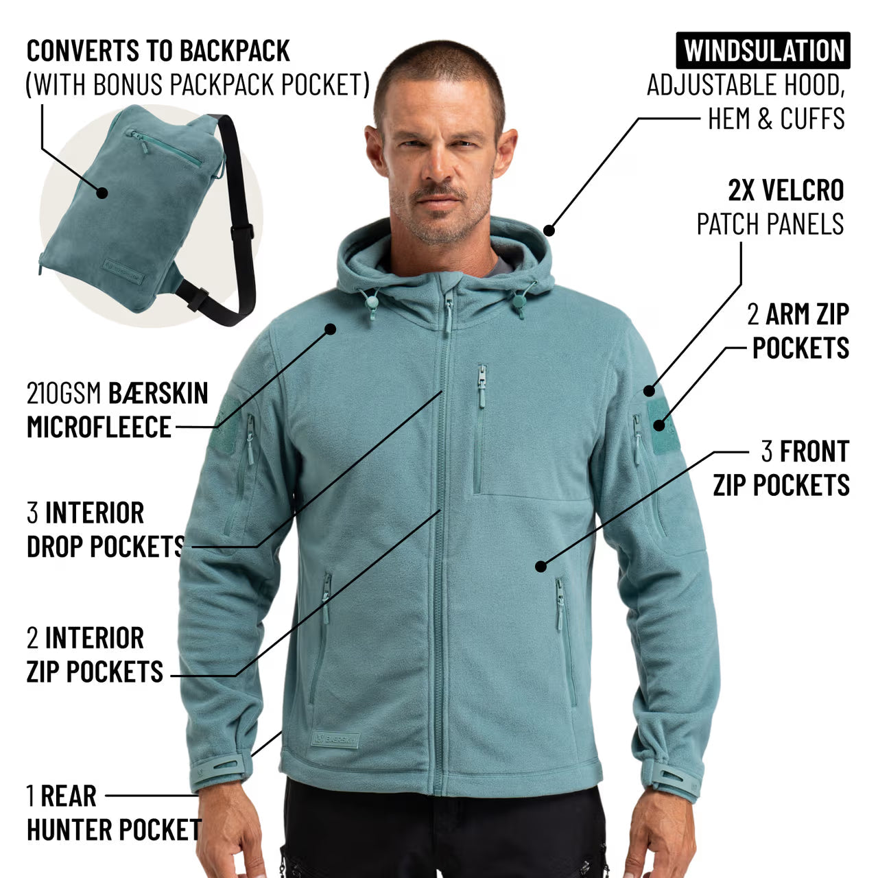 The World's Only Outdoor Hoodie That Becomes Its Own Backpack. 210gsm MicroFleece. 12 Pockets. Stuff It, Strap It, Keep Moving.