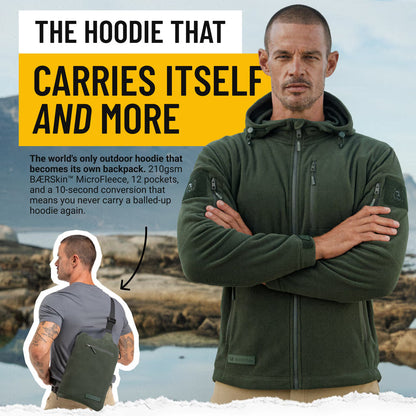 The World's Only Outdoor Hoodie That Becomes Its Own Backpack. 210gsm MicroFleece. 12 Pockets. Stuff It, Strap It, Keep Moving.
