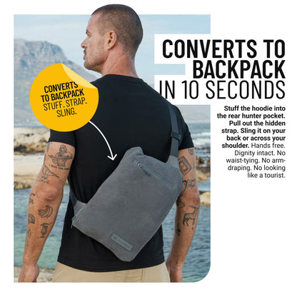 The World's Only Outdoor Hoodie That Becomes Its Own Backpack. 210gsm MicroFleece. 12 Pockets. Stuff It, Strap It, Keep Moving.