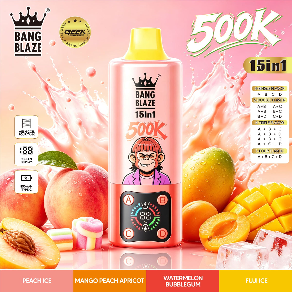 Bang Blaze 500K:15-in-1 Flavors Vape Rechargeable LED Display Disposable E-Cigarette