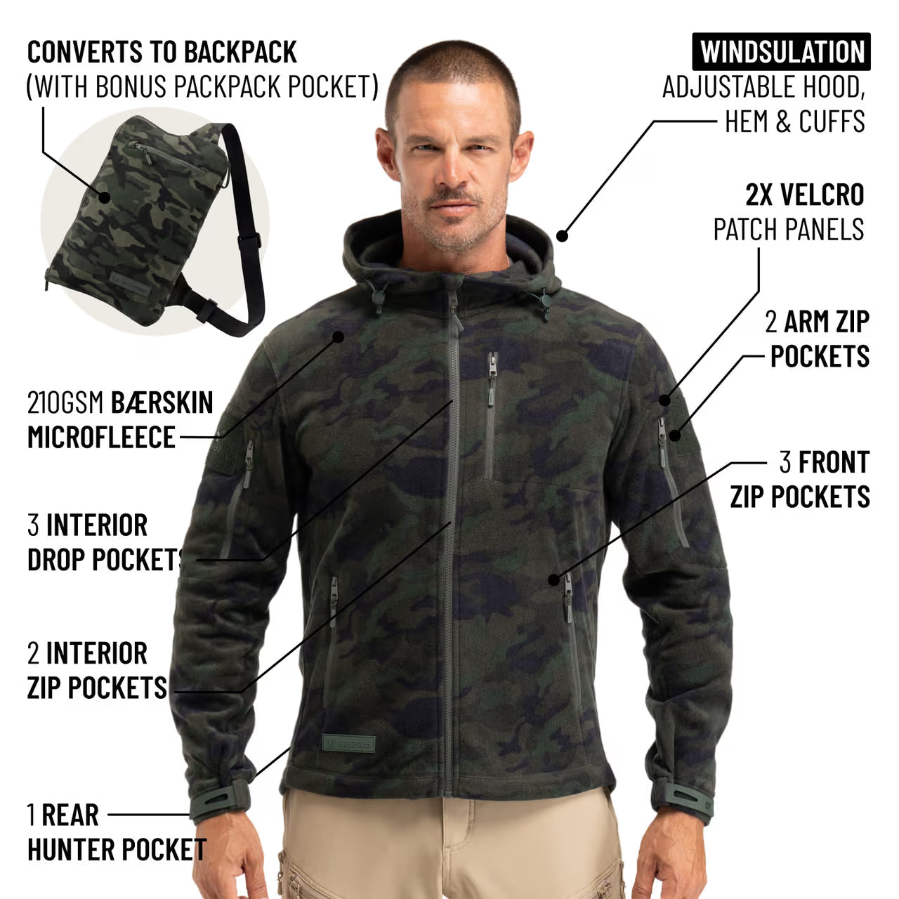 The World's Only Outdoor Hoodie That Becomes Its Own Backpack. 210gsm MicroFleece. 12 Pockets. Stuff It, Strap It, Keep Moving.