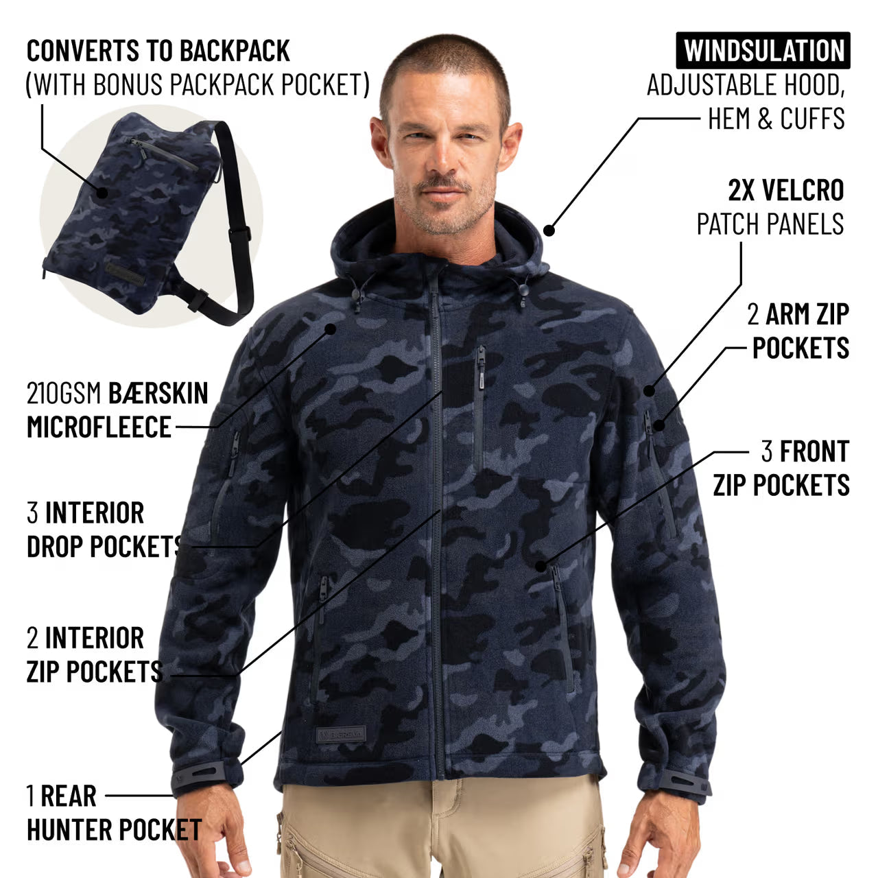The World's Only Outdoor Hoodie That Becomes Its Own Backpack. 210gsm MicroFleece. 12 Pockets. Stuff It, Strap It, Keep Moving.