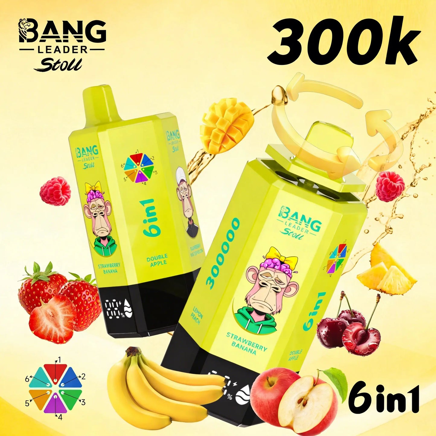 Bang Leader 300K 300000 Puffs 6 in 1 Flavors & 6 oil tanks Rechargeable LCD Display Disposable Vape EU Warehouse