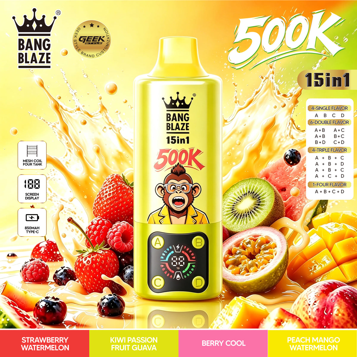 Bang Blaze 500K:15-in-1 Flavors Vape Rechargeable LED Display Disposable E-Cigarette