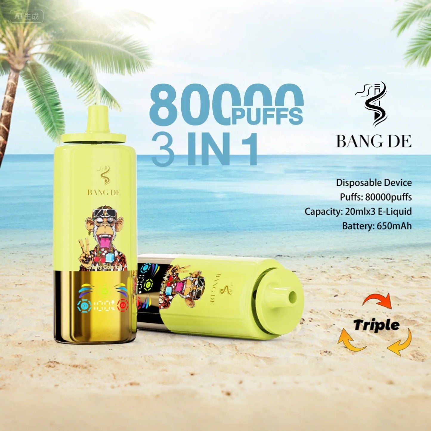 Bang DE 80000 80k Puffs 3 in 1 Flavors Newest Original Rechargeable LCD Display Disposable Vape