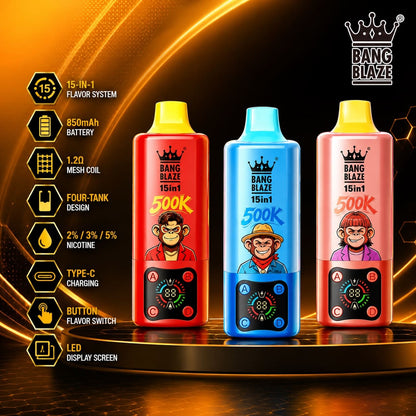 Bang Blaze 500K:15-in-1 Flavors Vape Rechargeable LED Display Disposable E-Cigarette