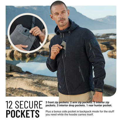 The World's Only Outdoor Hoodie That Becomes Its Own Backpack. 210gsm MicroFleece. 12 Pockets. Stuff It, Strap It, Keep Moving.