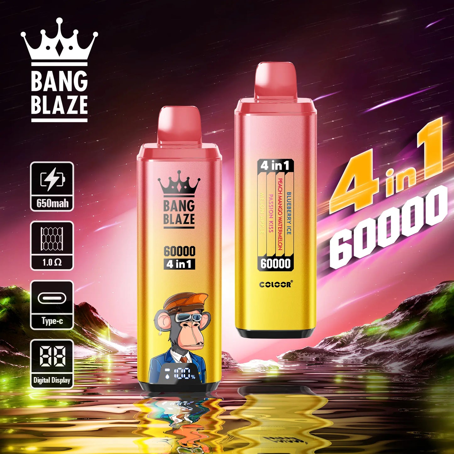 Bang Blaze 60000 60k Puffs 4 in 1 Flavors Newest Original Rechargeable LCD Display Disposable Vape