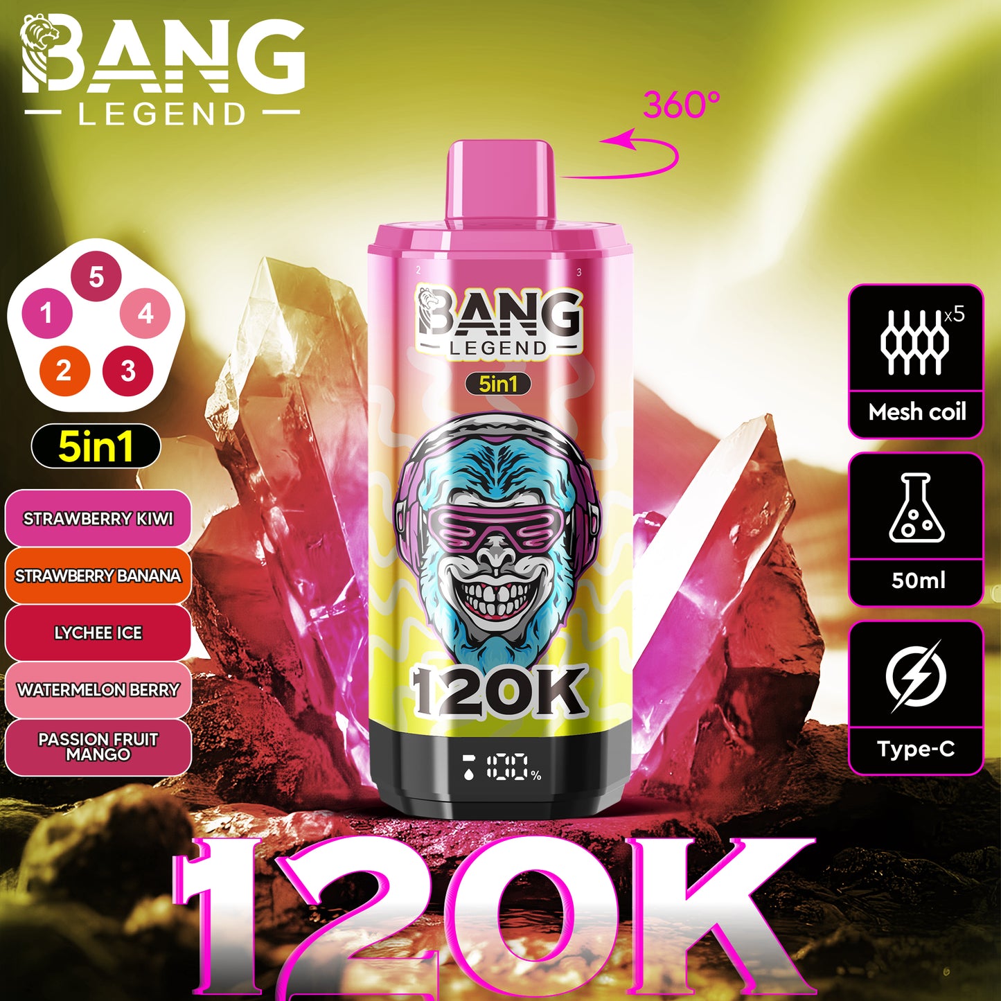 Bang Legend 120000 120K Puffs 5 in 1 Flavors Newest Original Rechargeable LCD Display Disposable Vape