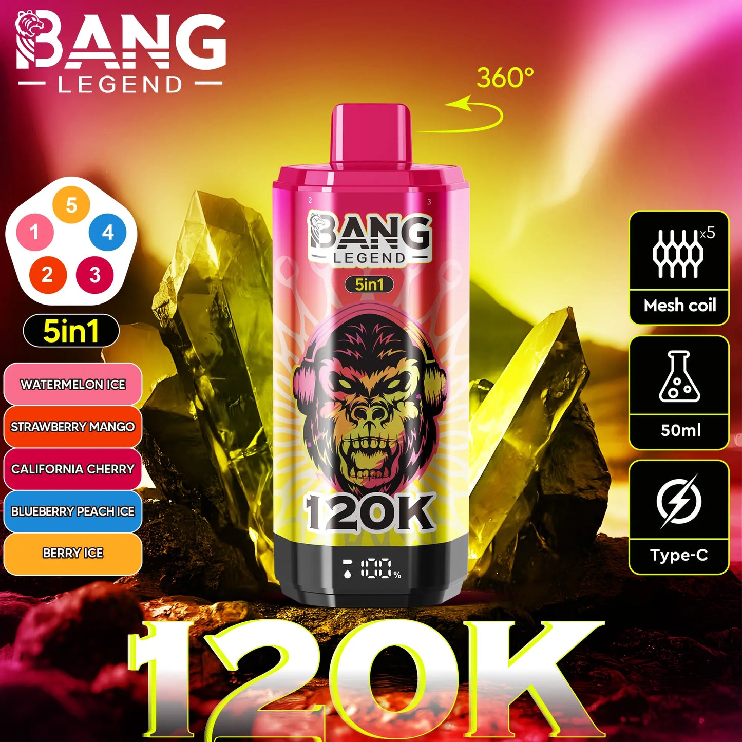 Bang Legend 120000 120K Puffs 5 in 1 Flavors Newest Original Rechargeable LCD Display Disposable Vape