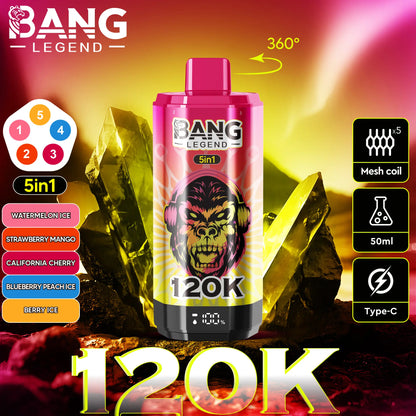 Bang Legend 120000 120K Puffs 5 in 1 Flavors Newest Original Rechargeable LCD Display Disposable Vape