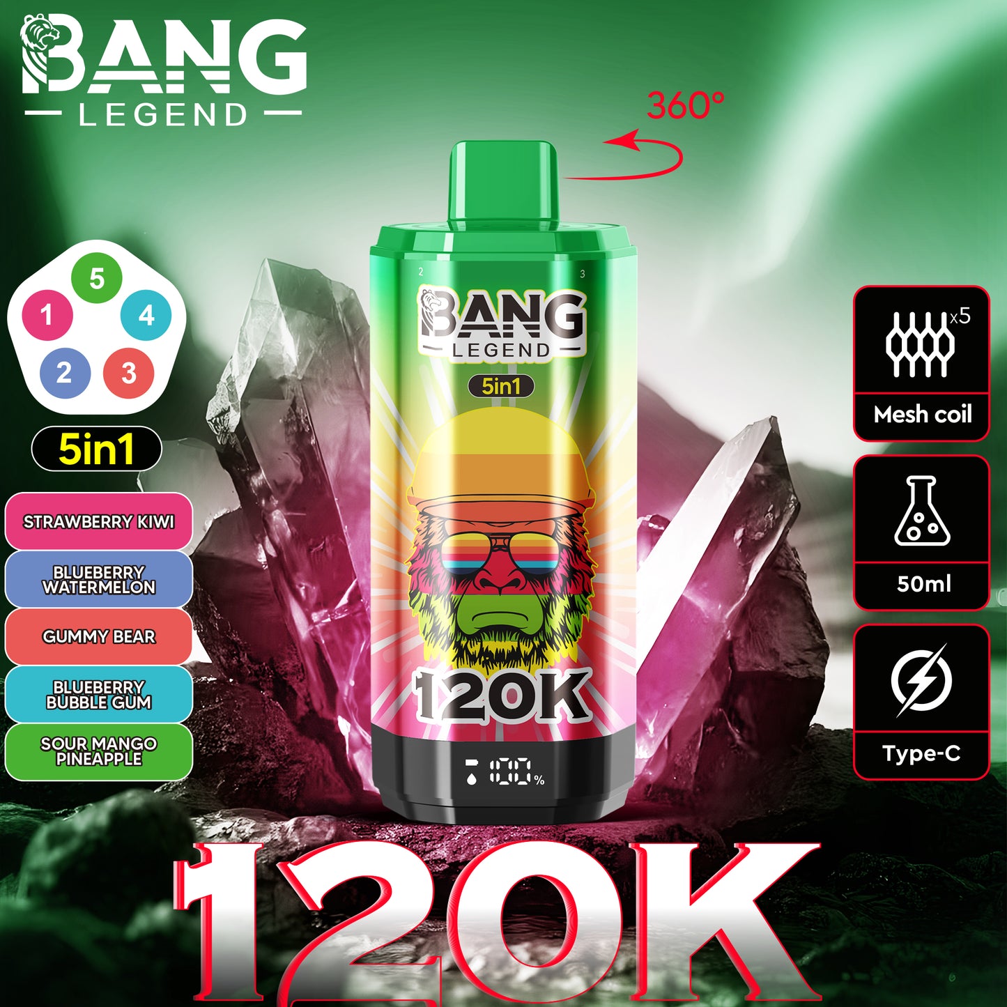 Bang Legend 120000 120K Puffs 5 in 1 Flavors Newest Original Rechargeable LCD Display Disposable Vape
