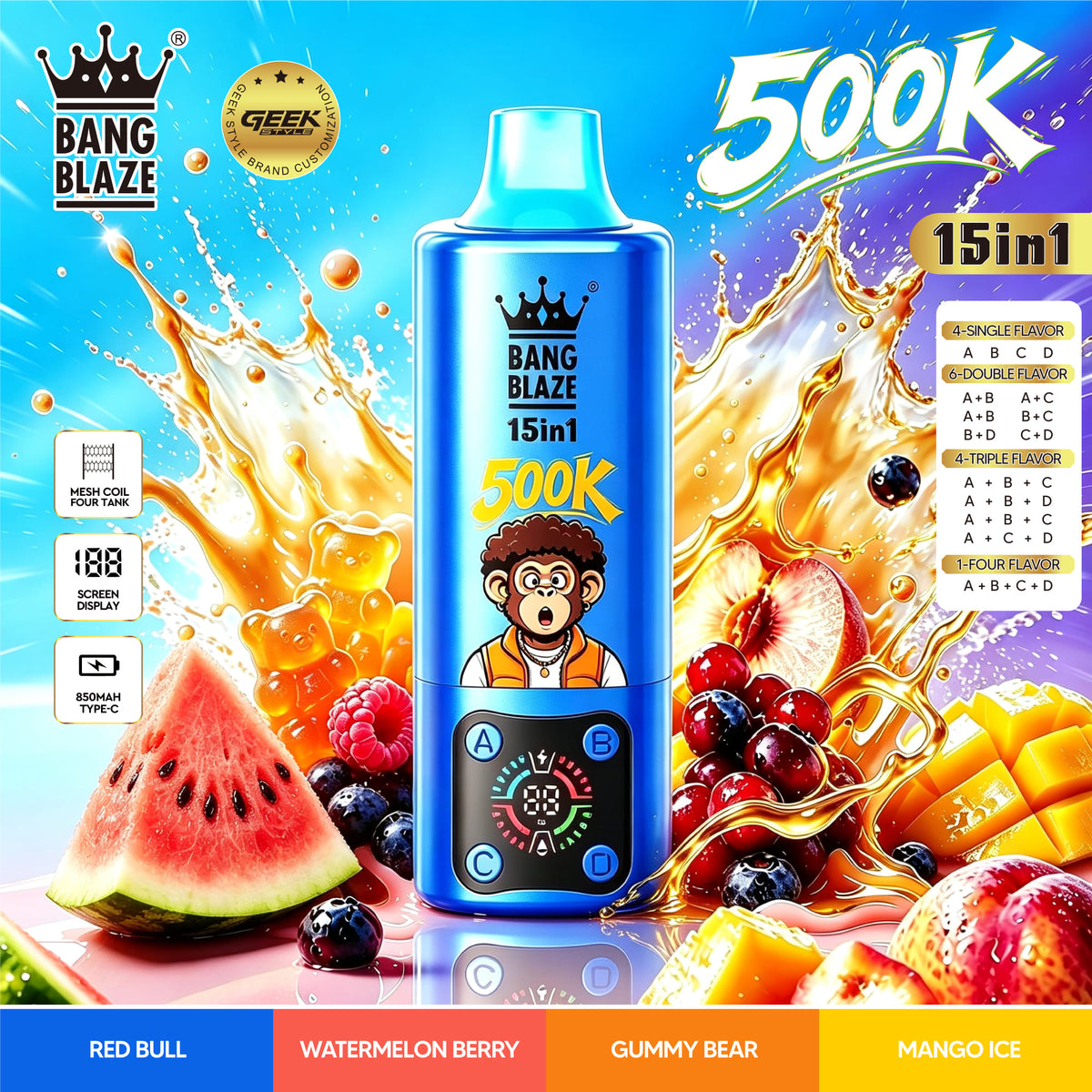 Bang Blaze 500K:15-in-1 Flavors Vape Rechargeable LED Display Disposable E-Cigarette