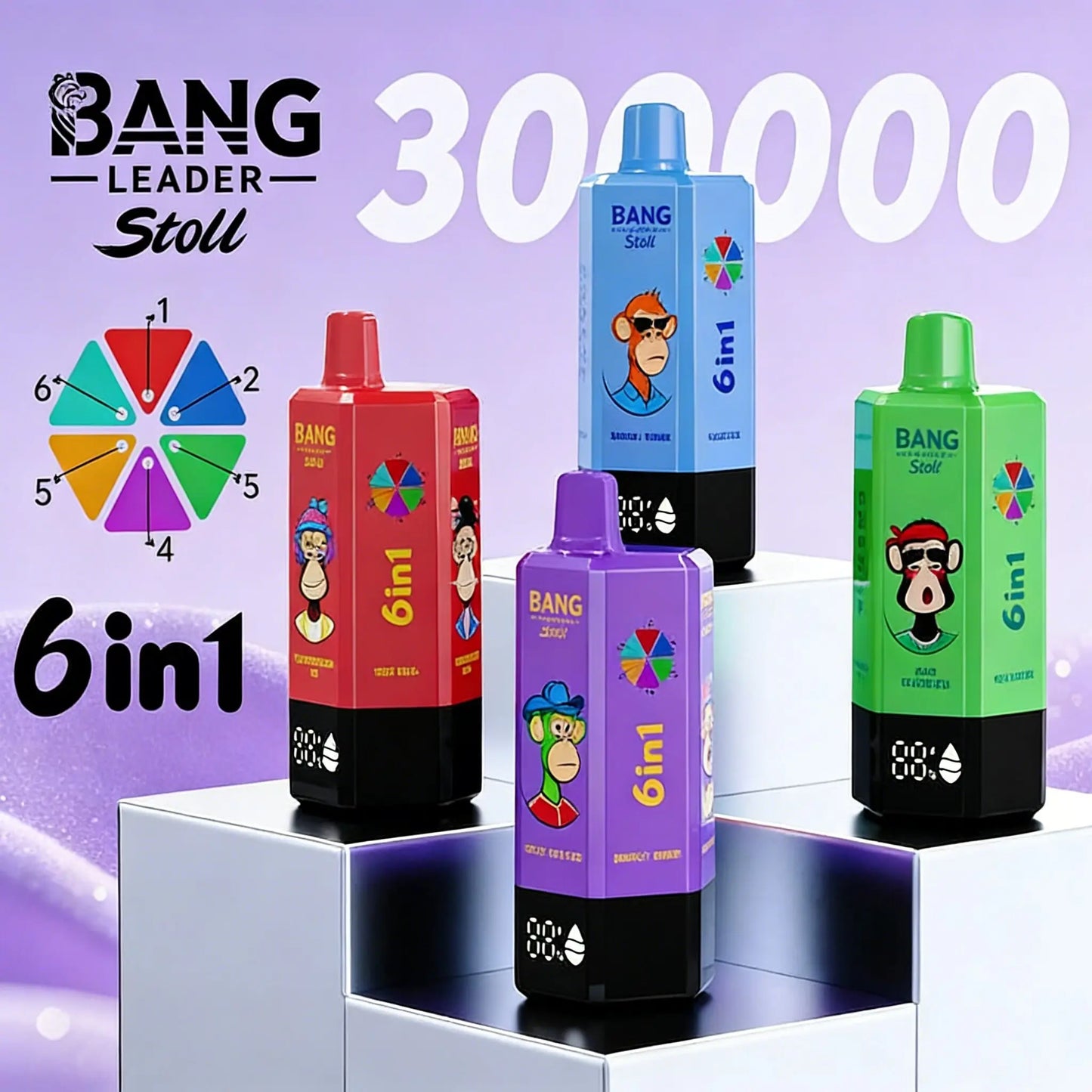Bang Leader 300K 300000 Puffs 6 in 1 Flavors & 6 oil tanks Rechargeable LCD Display Disposable Vape EU Warehouse