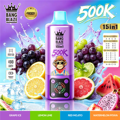 Bang Blaze 500K:15-in-1 Flavors Vape Rechargeable LED Display Disposable E-Cigarette