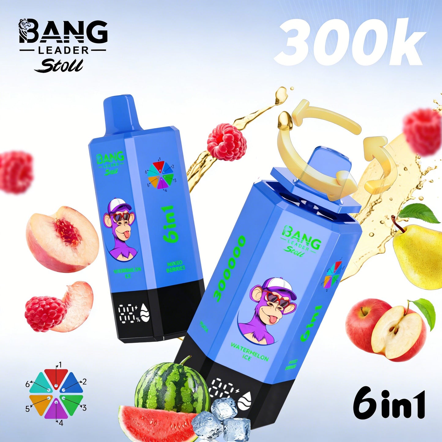 Bang Leader 300K 300000 Puffs 6 in 1 Flavors & 6 oil tanks Rechargeable LCD Display Disposable Vape EU Warehouse