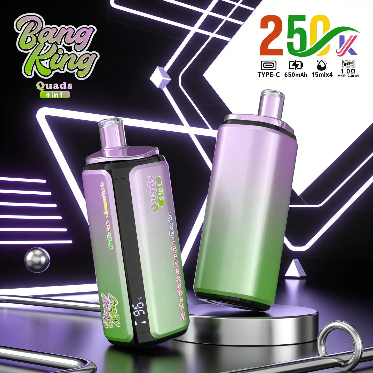 Bang King 250000 250K Puffs 4 In 1 Flavors Original Rechargeable LED Display Disposable Vape