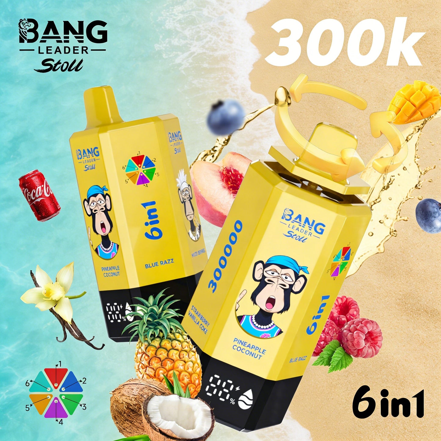 Bang Leader 300K 300000 Puffs 6 in 1 Flavors & 6 oil tanks Rechargeable LCD Display Disposable Vape EU Warehouse