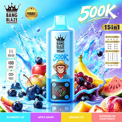 Bang Blaze 500K:15-in-1 Flavors Vape Rechargeable LED Display Disposable E-Cigarette