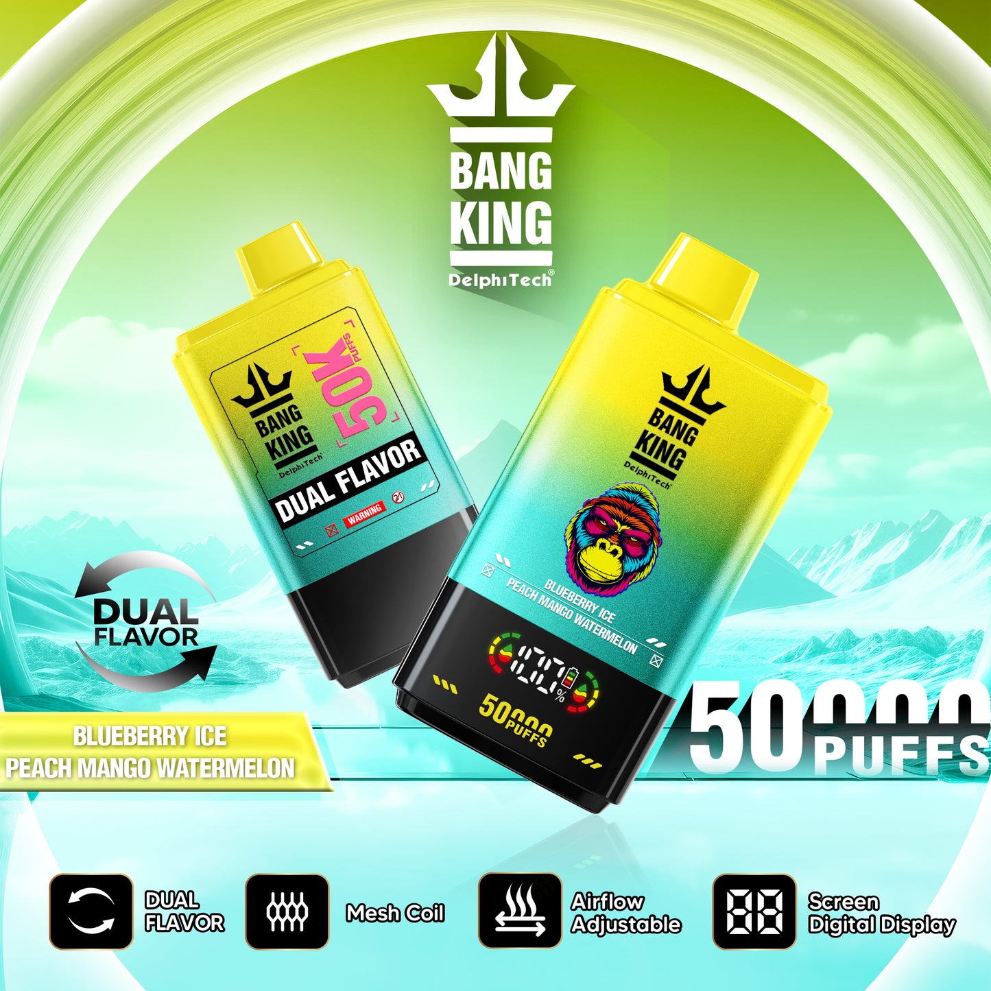 Bang King 50000 50k Puffs 2% 3% 5% Nicotine Double Taste LCD Display Disposable Vape