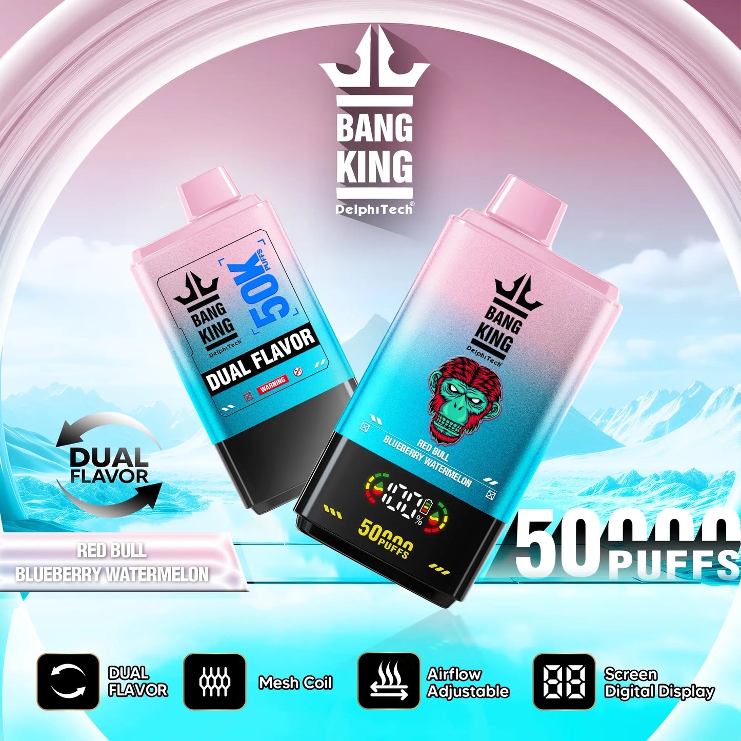 Bang King 50000 50k Puffs 2% 3% 5% Nicotine Double Taste LCD Display Disposable Vape