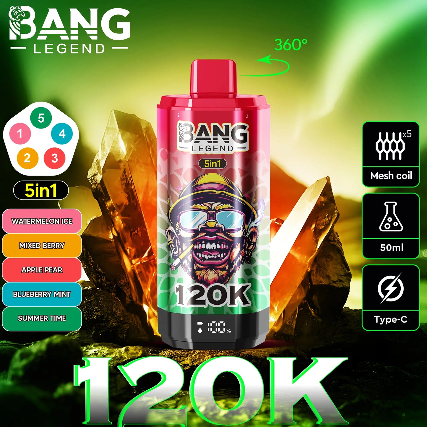 Bang Legend 120000 120K Puffs 5 in 1 Flavors Newest Original Rechargeable LCD Display Disposable Vape