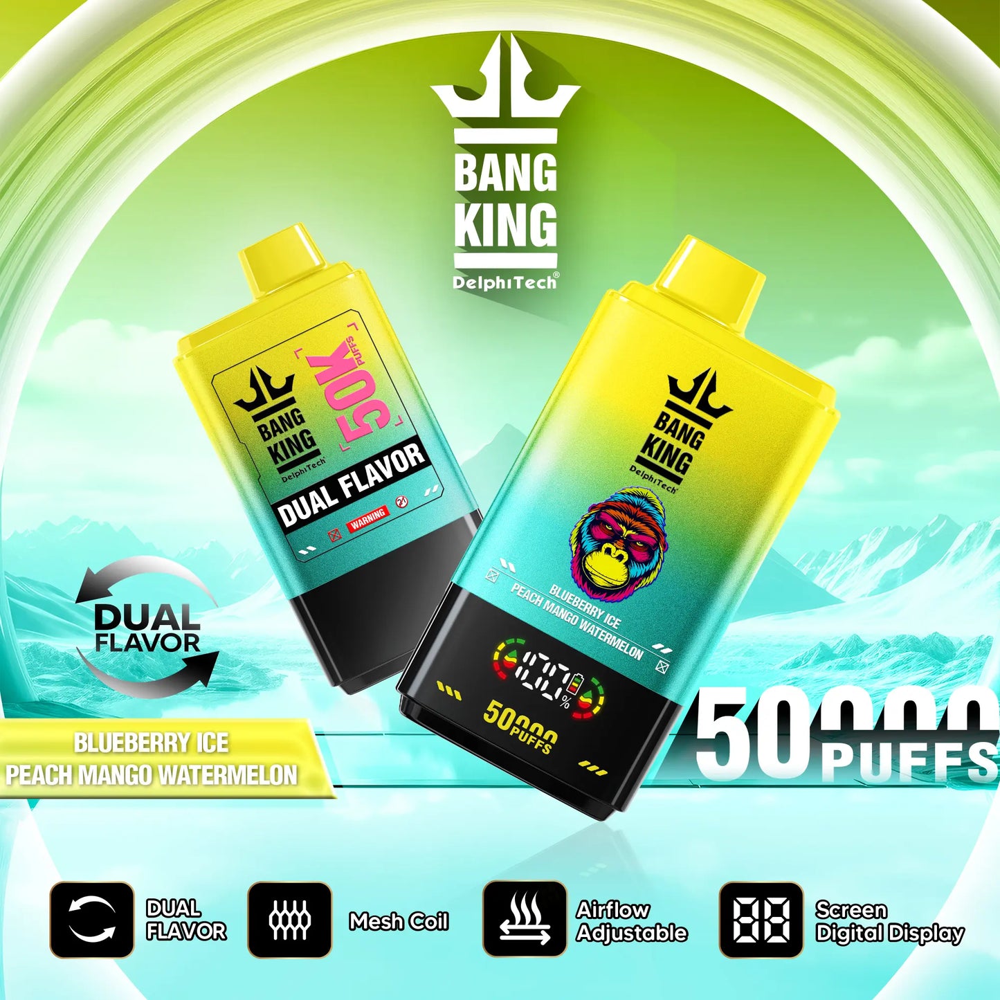 Bang King 50000 50k Puffs 2% 3% 5% Nicotine Double Taste LCD Display Disposable Vape