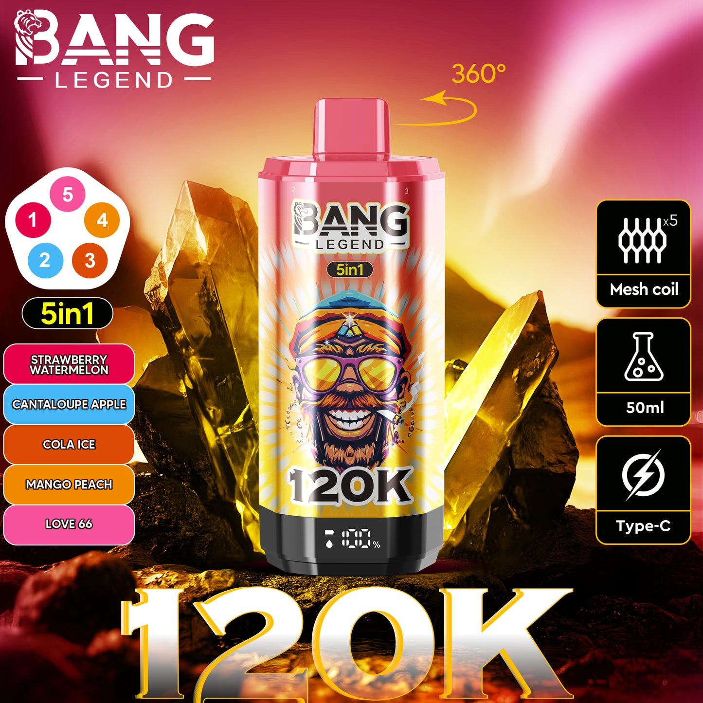 Bang Legend 120000 120K Puffs 5 in 1 Flavors Newest Original Rechargeable LCD Display Disposable Vape