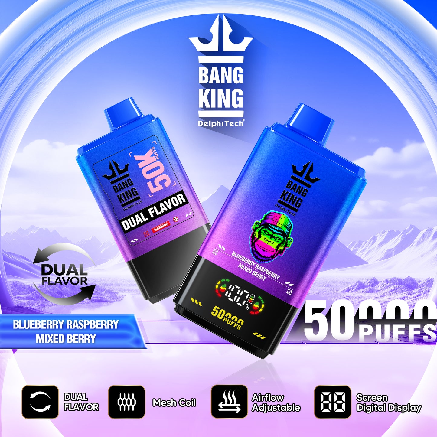 Bang King 50000 50k Puffs 2% 3% 5% Nicotine Double Taste LCD Display Disposable Vape