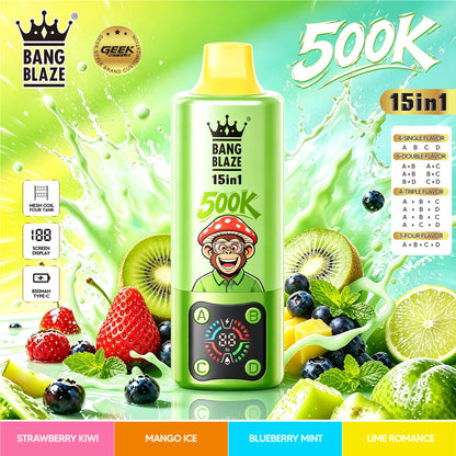 Bang Blaze 500K:15-in-1 Flavors Vape Rechargeable LED Display Disposable E-Cigarette