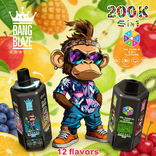 Bang Blaze 200000 200K Puffs 6 in 1 Flavors &  6 oil tanks Rechargeable LCD Display Disposable Vape