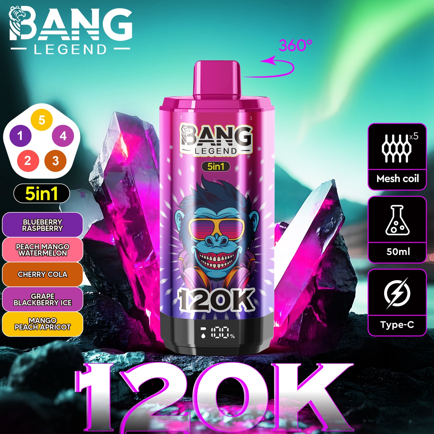 Bang Legend 120000 120K Puffs 5 in 1 Flavors Newest Original Rechargeable LCD Display Disposable Vape