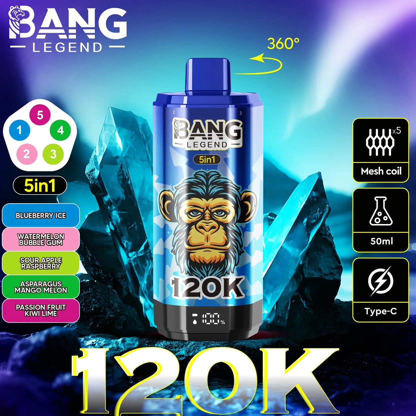 Bang Legend 120000 120K Puffs 5 in 1 Flavors Newest Original Rechargeable LCD Display Disposable Vape