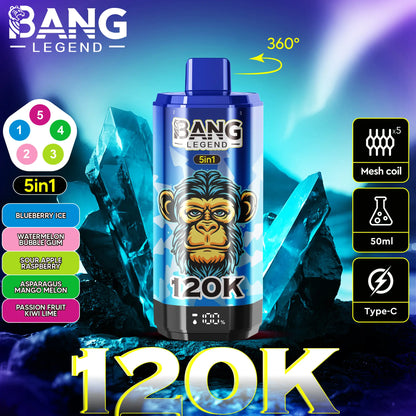 Bang Legend 120000 120K Puffs 5 in 1 Flavors Newest Original Rechargeable LCD Display Disposable Vape