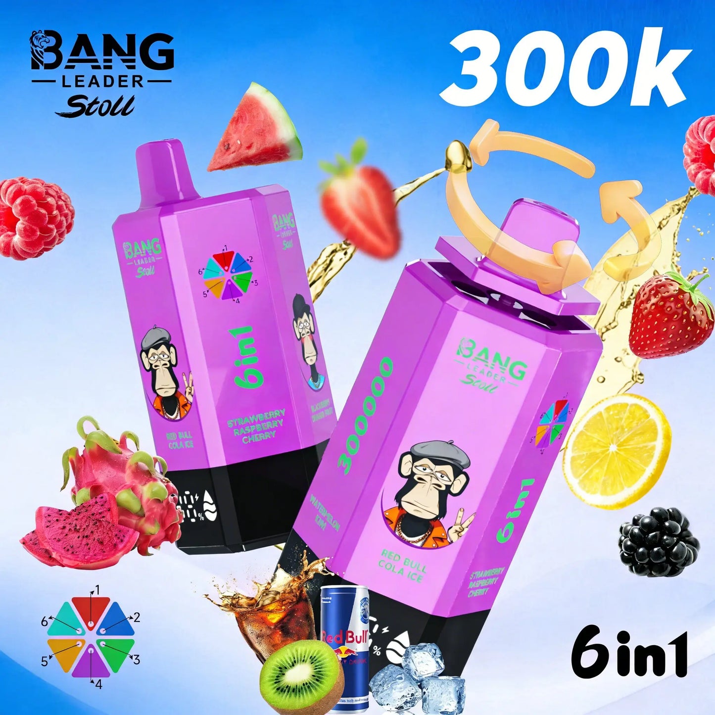 Bang Leader 300K 300000 Puffs 6 in 1 Flavors & 6 oil tanks Rechargeable LCD Display Disposable Vape EU Warehouse