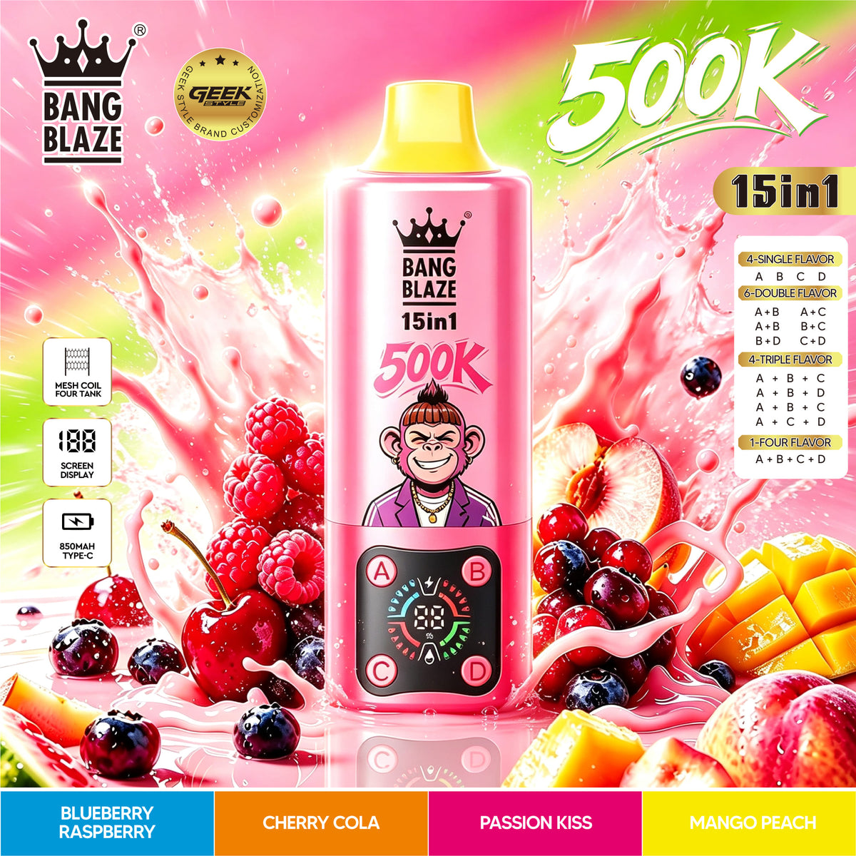 Bang Blaze 500K:15-in-1 Flavors Vape Rechargeable LED Display Disposable E-Cigarette