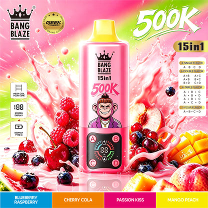 Bang Blaze 500K:15-in-1 Flavors Vape Rechargeable LED Display Disposable E-Cigarette